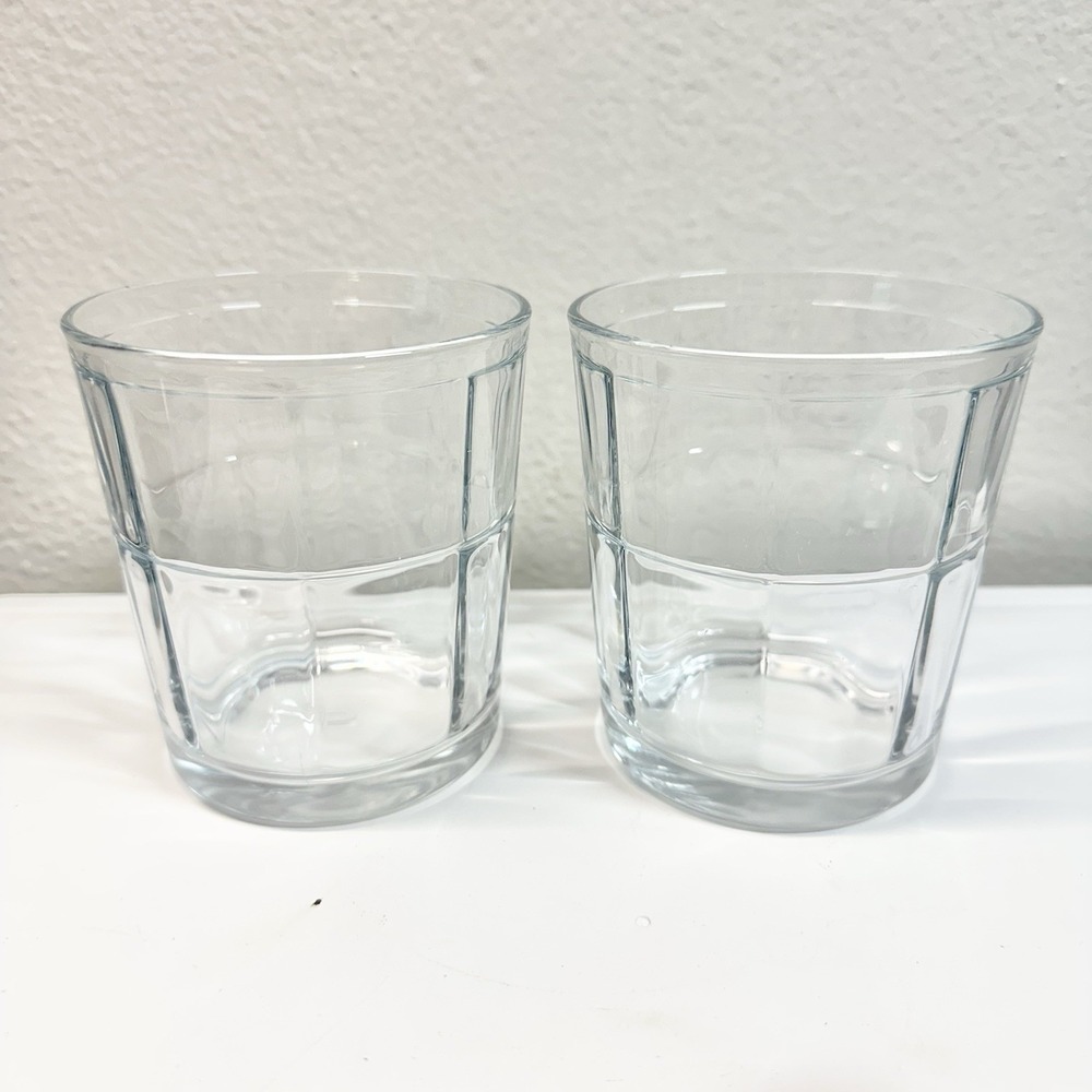 2 Clear Paneled Rocks Glasses Heavy Base 4" Old Fashioned Tumblers Embossed "P"